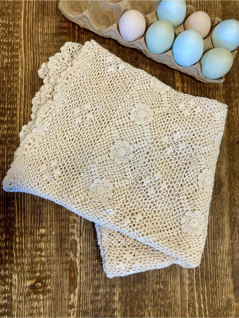 Crochet Square Tablecloth Cream Colored Boho Decor